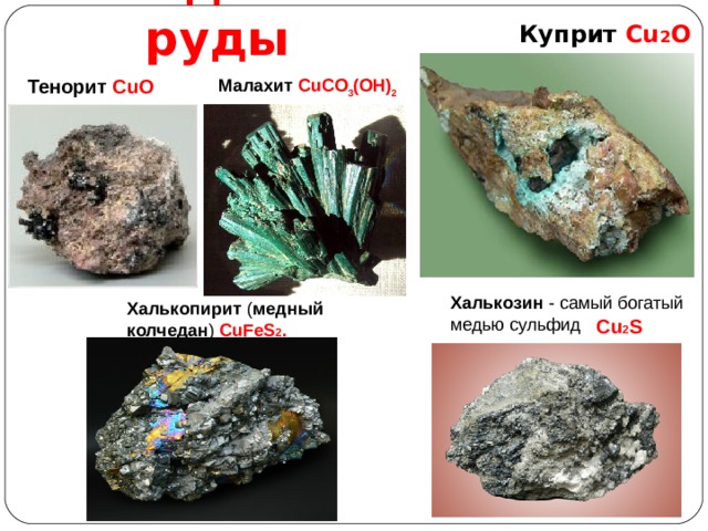 Медные руды Куприт Cu 2 O  Тенорит CuO Малахит  С u СО 3 (ОН) 2 Халькозин - самый богатый медью сульфид Халькопирит ( медный  колчедан ) CuFeS 2 .  Cu 2 S 