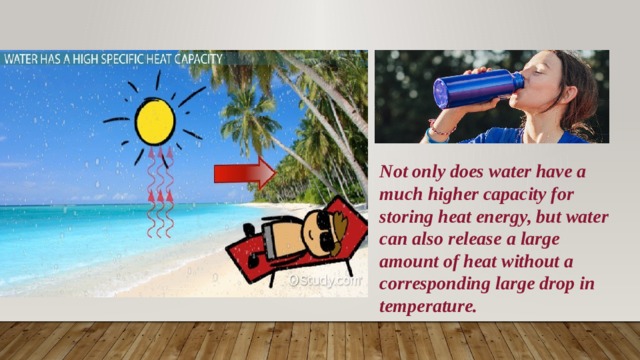 Not only does water have a much higher capacity for storing heat energy, but water can also release a large amount of heat without a corresponding large drop in temperature. 