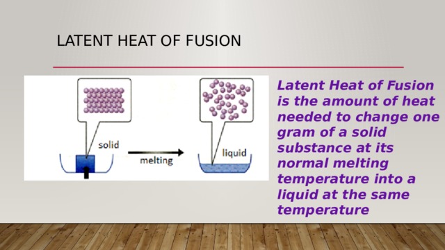 Latent heat of fusion Latent Heat of Fusion is the amount of heat needed to change one gram of a solid substance at its normal melting temperature into a liquid at the same temperature 