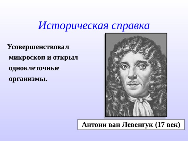 Историческая справка Усовершенствовал  микроскоп и открыл  одноклеточные  организмы.   Антони ван Левенгук (17 век) 