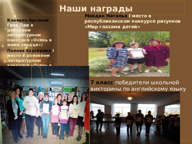 Наши награды Майдан Наталья I место в республиканском конкурсе рисунков «Мир глазами детей» Коневец Арсений Гран При в районном литературном конкурсе «Осень в моем сердце»; Попова Екатерина I место в районном литературном конкурсе «Осень в моем сердце»  7 класс победители школьной викторины по английскому языку 
