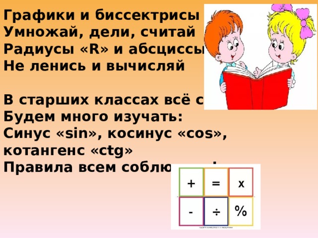Графики и биссектрисы Умножай, дели, считай Радиусы «R» и абсциссы (Х) Не ленись и вычисляй   В старших классах всё серьезно Будем много изучать: Синус «sin», косинус «cos», котангенс «ctg» Правила всем соблюдать! 