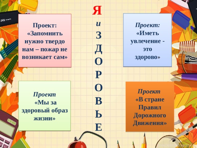 Я и З Д О Р О В Ь Е Проект: «Запомнить нужно твердо нам – пожар не возникает сам» Проект: «Иметь увлечение - это здорово » Проект  «Мы за здоровый образ жизни» Проект «В стране Правил Дорожного Движения» 