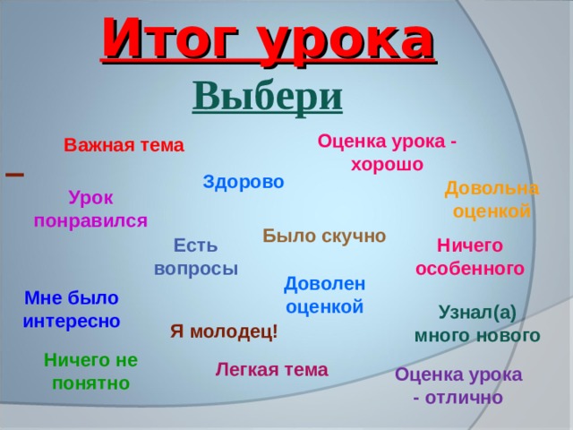 Итог урока Выбери   Оценка урока - хорошо Важная тема Здорово   Довольна оценкой Урок понравился Было скучно Есть вопросы Ничего особенного Доволен оценкой Мне было интересно Узнал(а) много нового Я молодец! Ничего не понятно Легкая тема Оценка урока - отлично 
