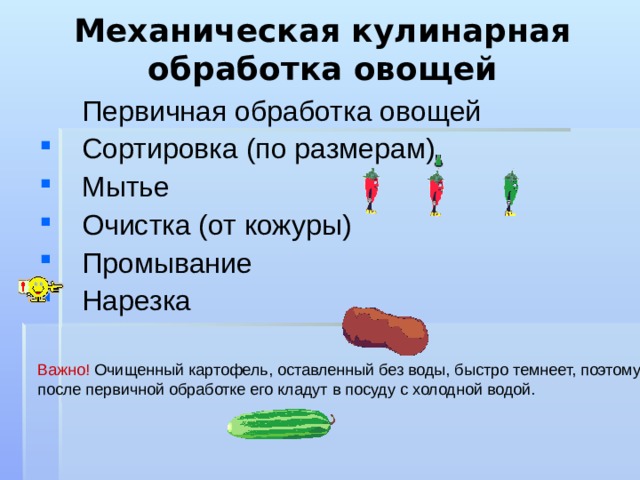 Механическая кулинарная обработка овощей  Первичная обработка овощей Сортировка (по размерам) Мытье Очистка (от кожуры) Промывание Нарезка Важно! Очищенный картофель, оставленный без воды, быстро темнеет, поэтому после первичной обработке его кладут в посуду с холодной водой. 
