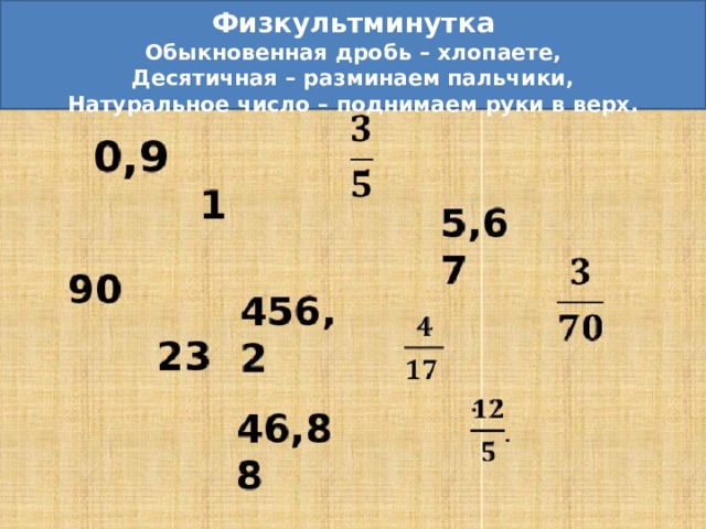  Физкультминутка Обыкновенная дробь – хлопаете, Десятичная – разминаем пальчики, Натуральное число – поднимаем руки в верх. 