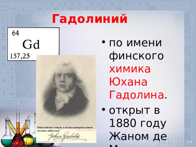 Гадолиний по имени финского химика Юхана Гадолина . открыт в 1880 году Жаном де Мариньяком 