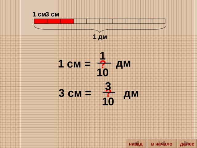 1 см 3 см 1 дм 1 дм 1 см = ? 10 3 3 см = ? дм 10 далее назад в начало 