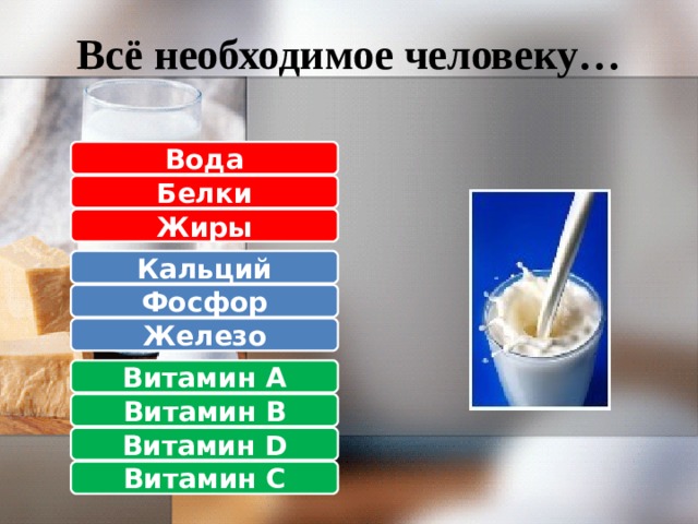 Всё необходимое человеку… Вода Бел ки Жиры Кальций Фосфор Железо Витамин А Витамин В Витамин D Витамин С 