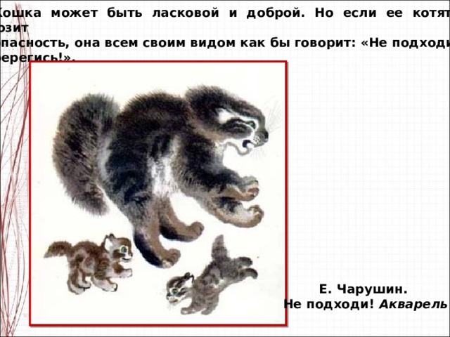 Кошка может быть ласковой и доброй. Но если ее котятам грозит опасность, она всем своим видом как бы говорит: «Не подходи, берегись!». Е. Чарушин. Не подходи! Акварель 