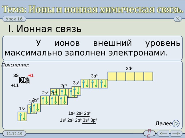 I. Ионная связь   У ионов внешний уровень максимально заполнен электронами . Пояснение:  3d 0 -1 35 23 +1 3p 6 Cl Na 3s 2 +1 7 +11 2p 6 2p 8 2s 2 2s 2 1s 2 1s 2 2p 6 2s 2 1s 2 2p 6 2s 2 1s 2 3s 2 3p 6 Далее 6 
