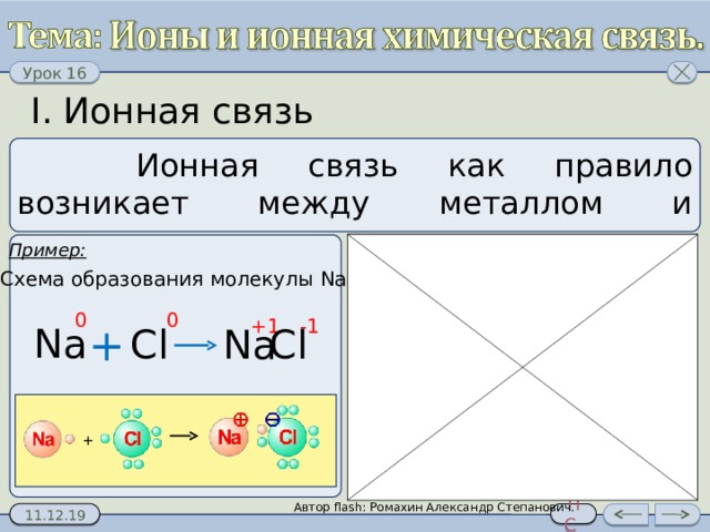I. Ионная связь   Ионная связь как правило возникает между металлом и неметаллом. Пример:  Схема образования молекулы NaCl 0 0 -1 +1 + Na Cl Na Cl Автор flash :  Ромахин Александр Степанович. + Автор flash :  Ромахин Александр Степанович. 7 