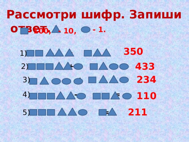 Рассмотри шифр. Запиши ответ. - 1. - 100, - 10, 350 1)     +   = 433 2)     +   = 234 3)     +   = 4)     -   = 110 211 5)     -   = 
