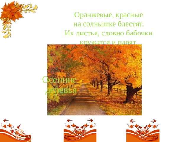 Оранжевые, красные  на солнышке блестят.  Их листья, словно бабочки  кружатся и парят.   Осенние деревья 