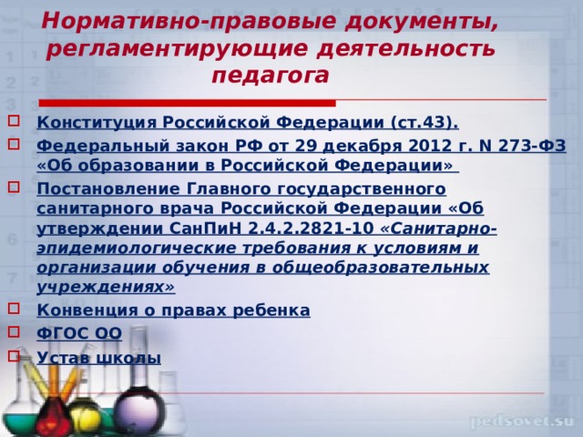       Нормативно-правовые документы, регламентирующие деятельность педагога   Конституция Российской Федерации (ст.43). Федеральный закон РФ от 29 декабря 2012 г. N 273-ФЗ «Об образовании в Российской Федерации» Постановление Главного государственного санитарного врача Российской Федерации «Об утверждении СанПиН 2.4.2.2821-10 «Санитарно-эпидемиологические требования к условиям и организации обучения в общеобразовательных учреждениях» Конвенция о правах ребенка ФГОС ОО Устав школы 