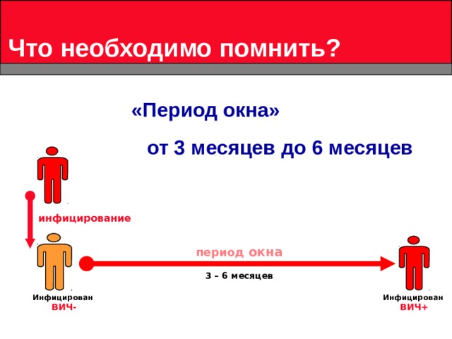 Что необходимо помнить? «Период окна» от 3 месяцев  до 6 месяцев инфицирование период окна 3 – 6 месяцев Инфицирован Инфицирован ВИЧ- ВИЧ+ 