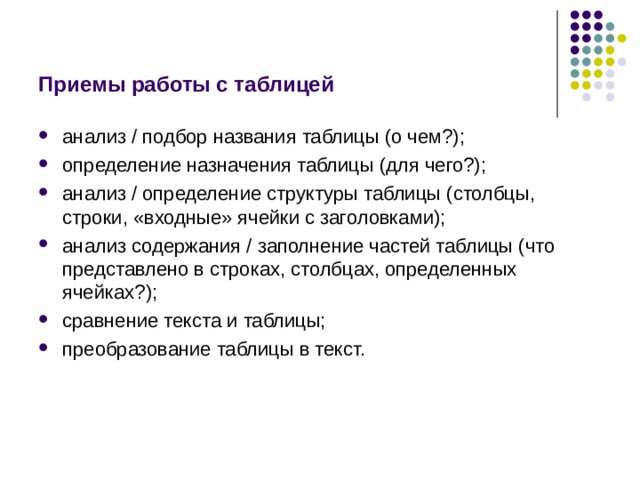 Приемы работы с таблицей анализ / подбор названия таблицы (о чем?); определение назначения таблицы (для чего?); анализ / определение структуры таблицы (столбцы, строки, «входные» ячейки с заголовками); анализ содержания / заполнение частей таблицы (что представлено в строках, столбцах, определенных ячейках?); сравнение текста и таблицы; преобразование таблицы в текст. 