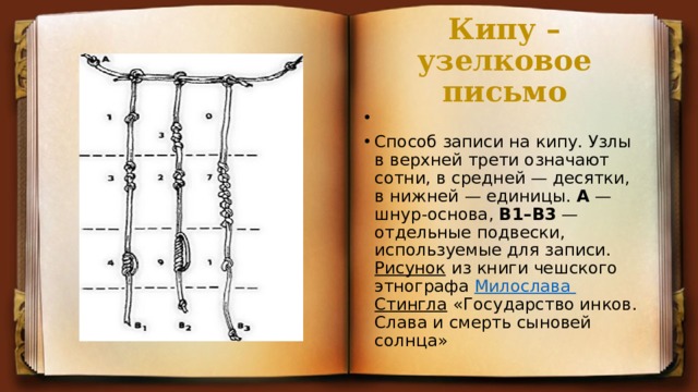 Кипу – узелковое  письмо   Способ записи на кипу. Узлы в верхней трети означают сотни, в средней — десятки, в нижней — единицы.  А  — шнур-основа,  B1–В3  — отдельные подвески, используемые для записи.  Рисунок  из книги чешского этнографа  Милослава Стингла  «Государство инков. Слава и смерть сыновей солнца» 