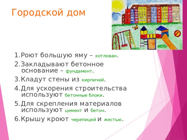 Городской дом 1.Роют большую яму – котлован . 2.Закладывают бетонное основание – фундамент . 3.Кладут стены из кирпичей . 4.Для ускорения строительства используют бетонные блоки . 5.Для скрепления материалов используют цемент и бетон . 6.Крышу кроют черепицей  и жестью . 