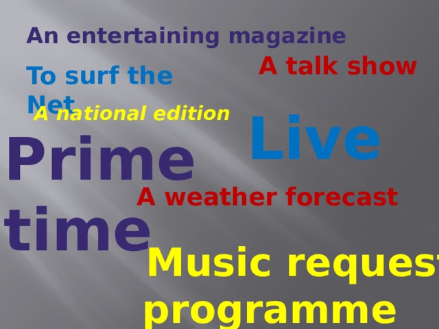 An entertaining magazine A talk show  To surf the Net A national edition Live Prime time A weather forecast  Music request programme 