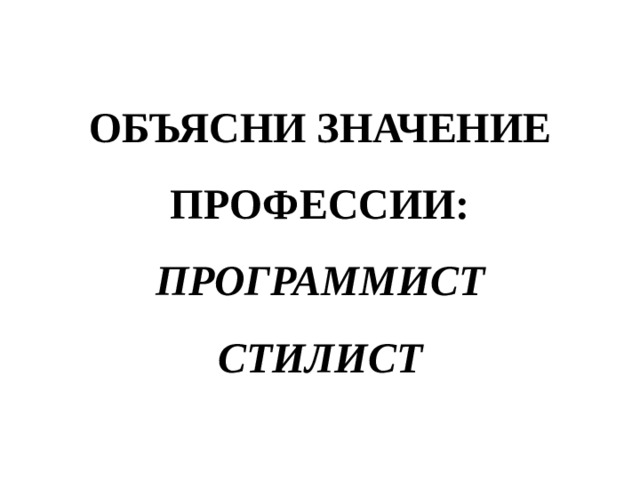 ОБЪЯСНИ ЗНАЧЕНИЕ ПРОФЕССИИ:  ПРОГРАММИСТ  СТИЛИСТ 