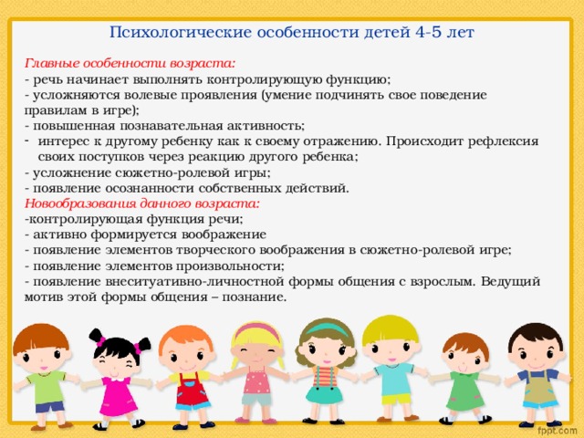 Психологические особенности детей 4-5 лет Главные особенности возраста: - речь начинает выполнять контролирующую функцию; - усложняются волевые проявления (умение подчинять свое поведение правилам в игре); - повышенная познавательная активность; интерес к другому ребенку как к своему отражению. Происходит рефлексия своих поступков через реакцию другого ребенка; - усложнение сюжетно-ролевой игры; - появление осознанности собственных действий. Новообразования данного возраста: -контролирующая функция речи; - активно формируется воображение - появление элементов творческого воображения в сюжетно-ролевой игре; - появление элементов произвольности; - появление внеситуативно-личностной формы общения с взрослым. Ведущий мотив этой формы общения – познание. 