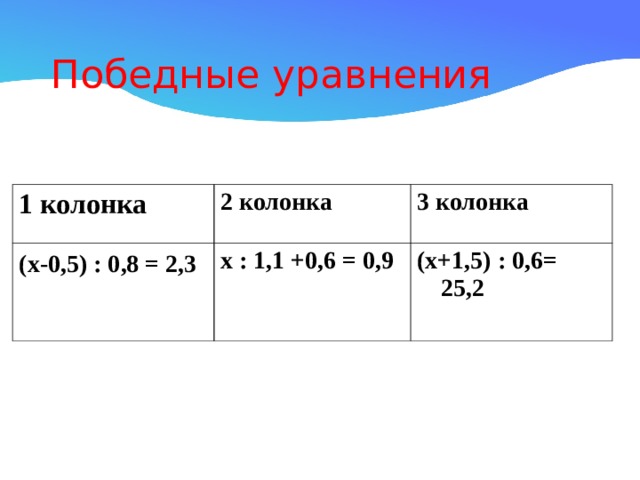 Победные уравнения 1 колонка 2 колонка (х-0,5) : 0,8 = 2,3  3 колонка х : 1,1 +0,6 = 0,9 (х+1,5) : 0,6= 25,2 