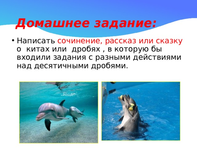 Домашнее задание: Написать сочинение, рассказ или сказку о китах или дробях , в которую бы входили задания с разными действиями над десятичными дробями. 