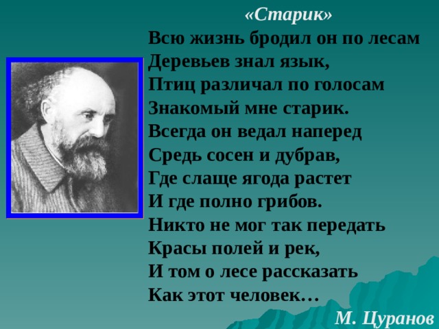 «Старик»  Всю жизнь бродил он по лесам Деревьев знал язык, Птиц различал по голосам Знакомый мне старик. Всегда он ведал наперед Средь сосен и дубрав, Где слаще ягода растет И где полно грибов. Никто не мог так передать Красы полей и рек, И том о лесе рассказать Как этот человек… М. Цуранов   