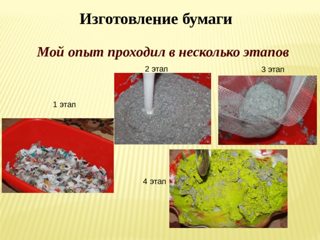 Изготовление бумаги   Мой опыт проходил в несколько этапов 2 этап 3 этап 1 этап 4 этап 