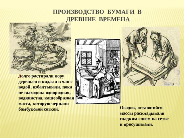 ПРОИЗВОДСТВО БУМАГИ В ДРЕВНИЕ ВРЕМЕНА т Д олго растирали кору деревьев и кидали в чан с водой, взбалтывали, пока не выходила однородная, водянистая, кашеобразная масса, которую черпали бамбуковой сеткой. Осадок, оставшийся массы раскладывали гладким слоем на сетке и просушивали. 