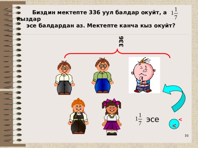   Биздин мектепте 336 уул балдар окуйт, а кыздар  эсе балдардан аз. Мектепте канча кыз окуйт? 336 эсе    