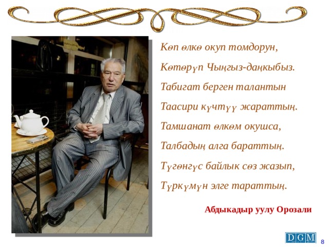 Көп өлкө окуп томдорун, Көтөрүп Чыңгыз-даңкыбыз. Табигат берген талантын Таасири күчтүү жараттың. Тамшанат өлкөм окушса, Талбадың алга бараттың. Түгөнгүс байлык сөз жазып, Түркүмүн элге тараттың. Абдыкадыр уулу Орозали  