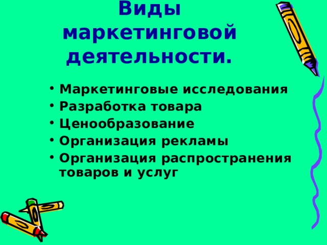 Виды маркетинговой деятельности. Маркетинговые исследования Разработка товара Ценообразование Организация рекламы Организация распространения товаров и услуг 