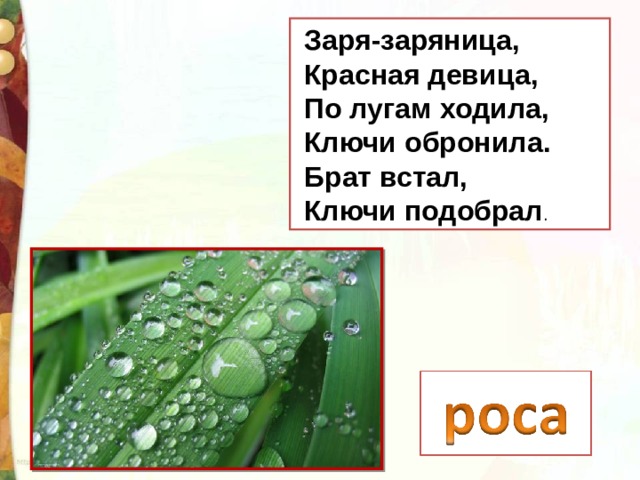   Заря-заряница,   Красная девица,   По лугам ходила,   Ключи обронила.   Брат встал,   Ключи подобрал . 