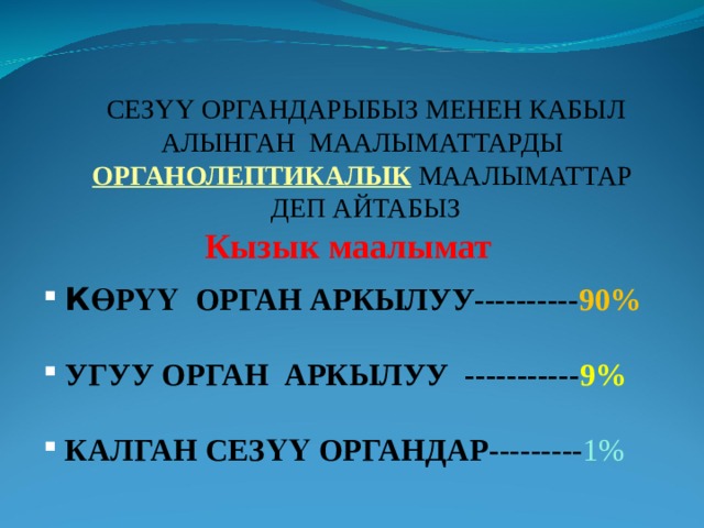 СЕЗҮҮ ОРГАНДАРЫБЫЗ МЕНЕН КАБЫЛ АЛЫНГАН МААЛЫМАТТАРДЫ ОРГАНОЛЕПТИКАЛЫК МААЛЫМАТТАР ДЕП АЙТАБЫЗ Кызык маалымат К ӨРҮҮ  ОРГАН АРКЫЛУУ---------- 90%  УГУУ ОРГАН АРКЫЛУУ  ----------- 9%  КАЛГАН СЕЗҮҮ ОРГАНДАР- -------- 1% 