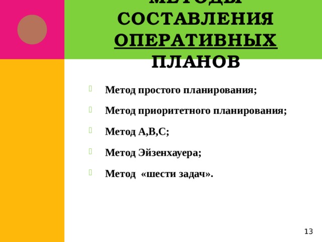 Методы составления оперативных планов Метод простого планирования; Метод приоритетного планирования; Метод А,В,С; Метод Эйзенхауера; Метод «шести задач». 5 