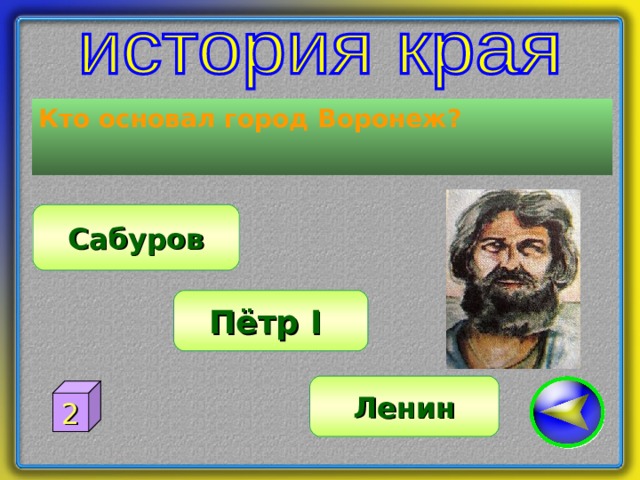 Кто основал город Воронеж? Сабуров Пётр I  Ленин 2 