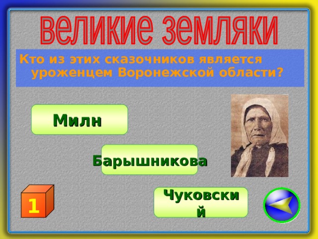 Кто из этих сказочников является уроженцем Воронежской области? Милн Барышникова 1 Чуковский 