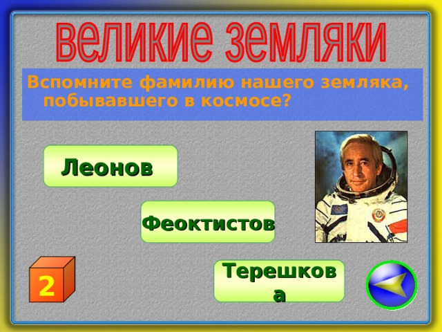 Вспомните фамилию нашего земляка, побывавшего в космосе? Леонов Феоктистов 2 Терешкова 