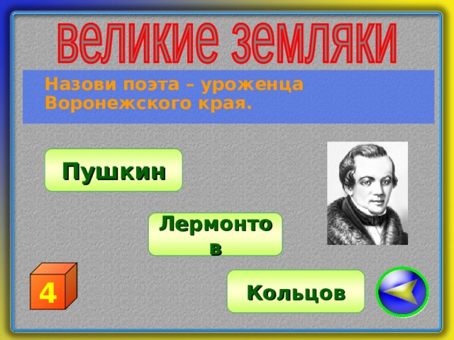  Назови поэта – уроженца Воронежского края. Пушкин Лермонтов 4 Кольцов 