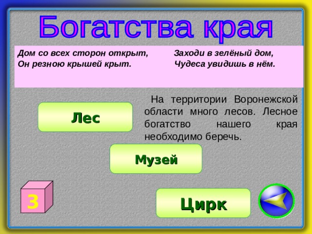 Дом со всех сторон открыт,  Заходи в зелёный дом, Он резною крышей крыт. Чудеса увидишь в нём. На территории Воронежской области много лесов. Лесное богатство нашего края необходимо беречь. Лес Музей 3 Цирк 