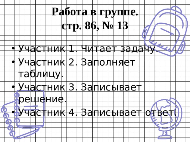 Работа в группе.  стр. 86, № 13 Участник 1. Читает задачу. Участник 2. Заполняет таблицу. Участник 3. Записывает решение. Участник 4. Записывает ответ. 