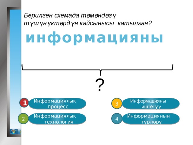 Берилген схемада төмөндөгү түшүнүктөрдүн кайсынысы катылган?  информацияны ? Информацияны 1 3 Информациялык  процесс  иштетүү Информациянын 4 2 Информациялык  технология  түрлөрү 