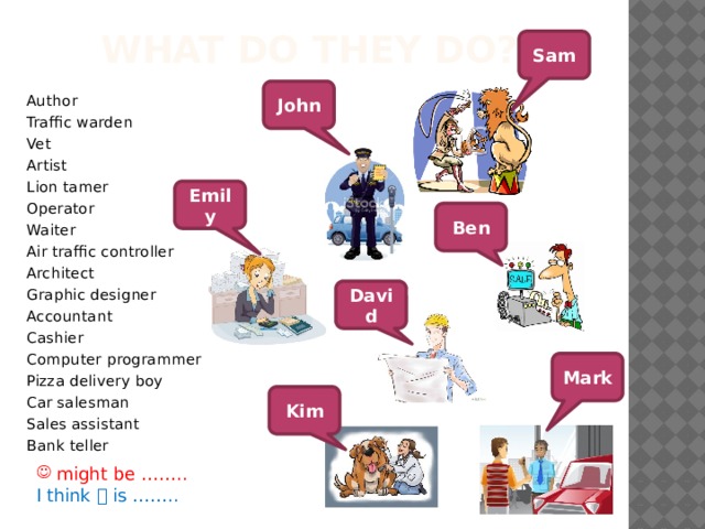 What do they do? Sam John Author Traffic warden Vet Artist Lion tamer Operator Waiter Air traffic controller Architect Graphic designer Accountant Cashier Computer programmer Pizza delivery boy Car salesman Sales assistant Bank teller Emily Ben David Mark Kim  might be …….. I think  is …….. 
