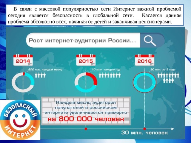 В связи с массовой популярностью сети Интернет важной проблемой сегодня является безопасность в глобальной сети. Касается данная проблема абсолютно всех, начиная от детей и заканчивая пенсионерами. 