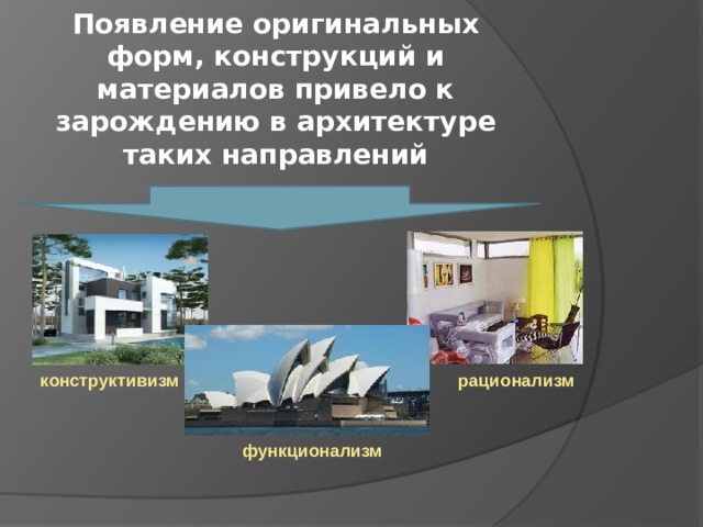 Появление оригинальных форм, конструкций и материалов привело к зарождению в архитектуре таких направлений конструктивизм рационализм функционализм 