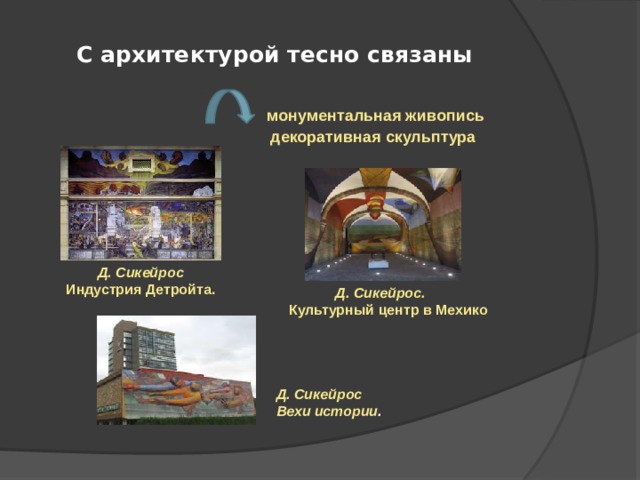 С архитектурой тесно связаны  монументальная живопись декоративная скульптура Д. Сикейрос Индустрия Детройта. Д. Сикейрос.  Культурный центр в Мехико Д. Сикейрос Вехи истории . 
