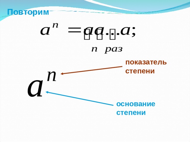 Цель: Изучить правило умножения степеней с одинаковым основанием Изучить правило деления степеней с одинаковым основанием. 