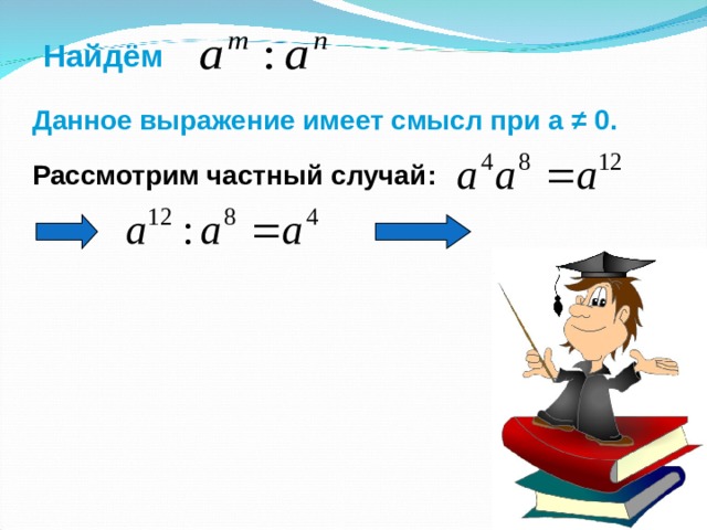 Правило: Для любого числа а и произвольных натуральных чисел m  и  n Формулировка правила: При умножении степеней с одинаковыми основаниями основание оставляют прежним, а показатели степеней складывают. 
